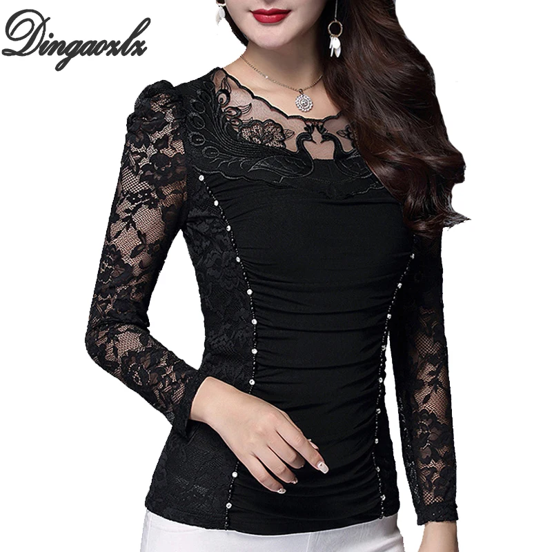 

Dingaozlz Blusas femininas elegante Women blouse Casual Mesh Tops long sleeve Plus size clothing Diamond Patchwork lace shirt