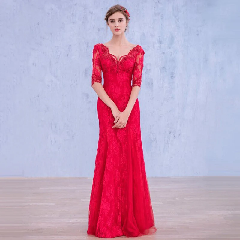 

2015 Gorgeous Red Mermaid Evening Dresses V-Neck Half Sleeve Sweep Train Chiffon with Tulle Organza with Applique Shining Beads