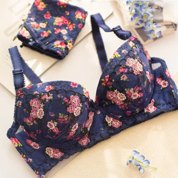 

Japan-style small cup bra pretty young ladies's floral embroidery bra and panty set with lace edge decoration deep-V underwear
