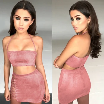 

Suede Fashion Halter Zipper Placket Two Piece Set Off Shoulder Sleeveless Backless Short Top And Hollow Out Bandage Mini Skirt