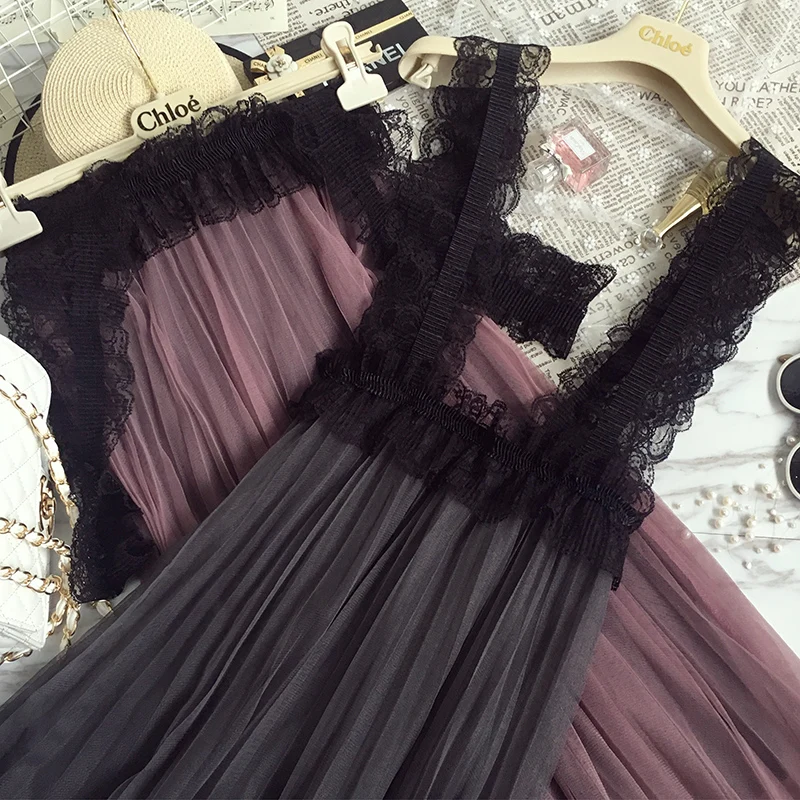 

Nw Vintage Strap Skirts Women Summer Lace Patchwork Mesh Skirt Empire Pleated A-Line Skirts Slim All Match Party Skirts Mw254
