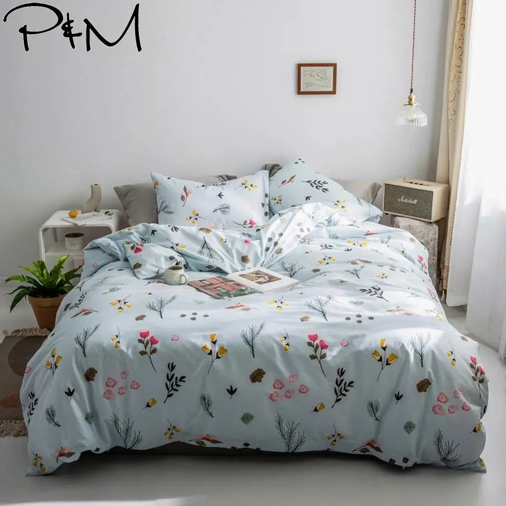 

2019 Colorful Little Flowers Blue Twin Queen King Size Flat Sheet Fitted Sheet Duvet Cover Set Soft Cotton Bedding Set