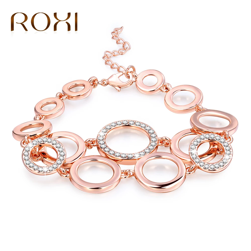 

ROXI Rose Gold Color Circles Bracelet & Bangles for Woman Rhinestones Paved Double Layer Round Female Charm Bracelets pulseras