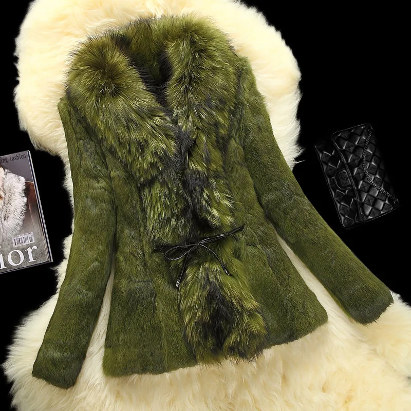 Rf0175 Женское пальто из натурального кроличьего меха с воротником из натурального меха енота пальто из натурального меха размера плюс - Цвет: Зеленый