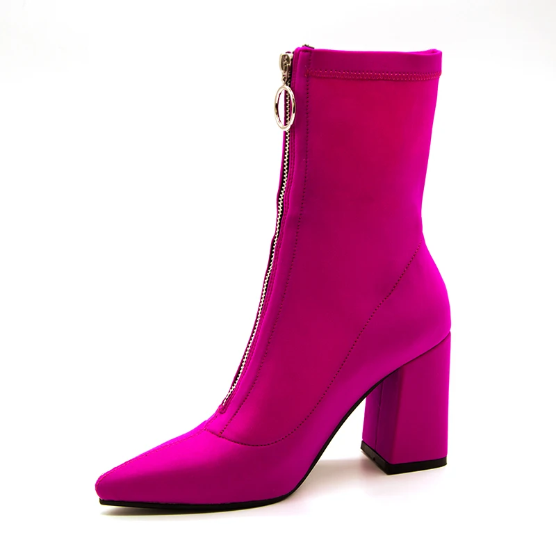 Новинка года; осенние женские ботинки из лайкры; обувь с острым носком на квадратном каблуке; Модные женские ботильоны; Цвет черный, фиолетовый, розовый, красный