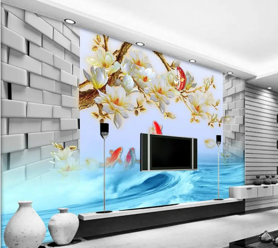 Kustom 3d Wallpaper Colorful Magnolia Bunga Ikan Mas Melompat Naga Pintu Mediterania Latar Belakang Dinding Mural 3d Wallpaper