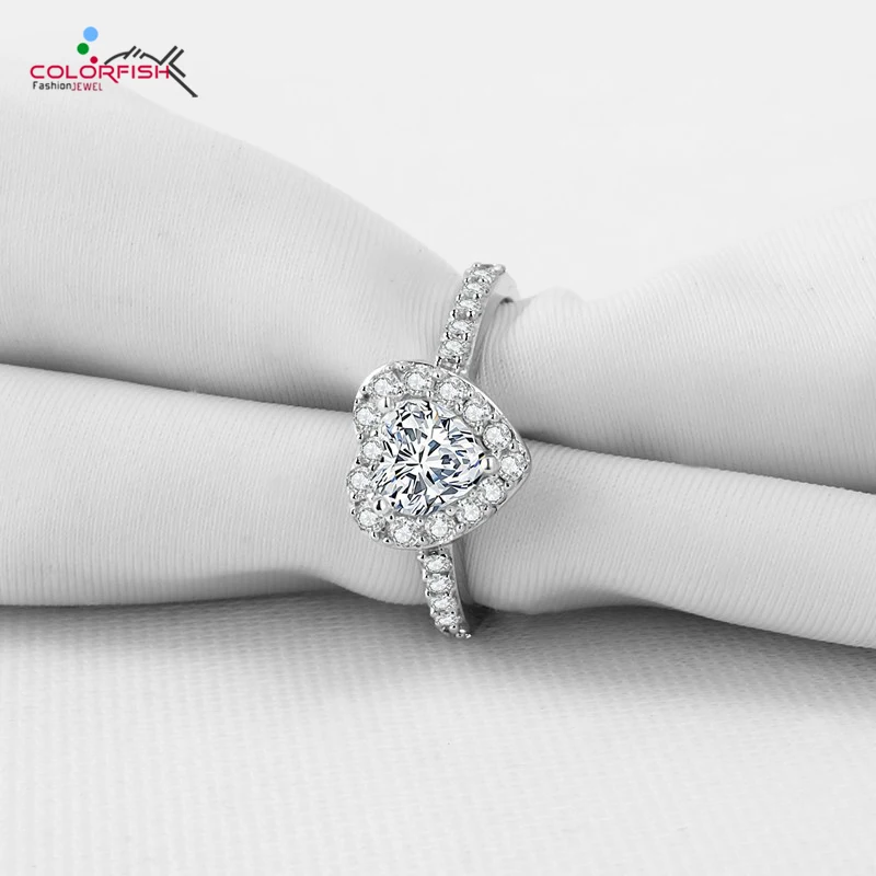COLORFISH Trendy Heart Shaped Halo Women Engagement Ring Sona Cubic Zirconia 925 Sterling Silver Wedding Band Fashion Bijoux