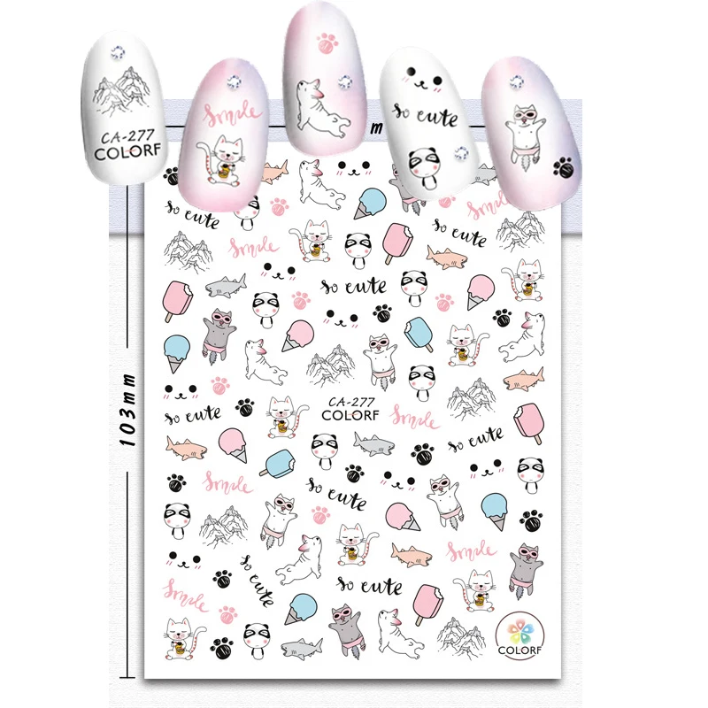 

1PC Nail Art Stickers For Nails Cartoon Lazy Cat Panda Nail Art Stickers 3D Adhesive Water Transfer Sticker Manicure Tools