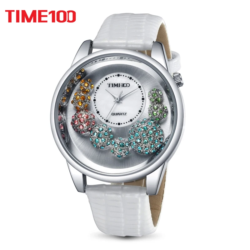 

TIME100 Women Quartz Watches Big Face Shell Dial Cystal White Leather Strap Unique Waterproof Ladies Watch orologio da polso