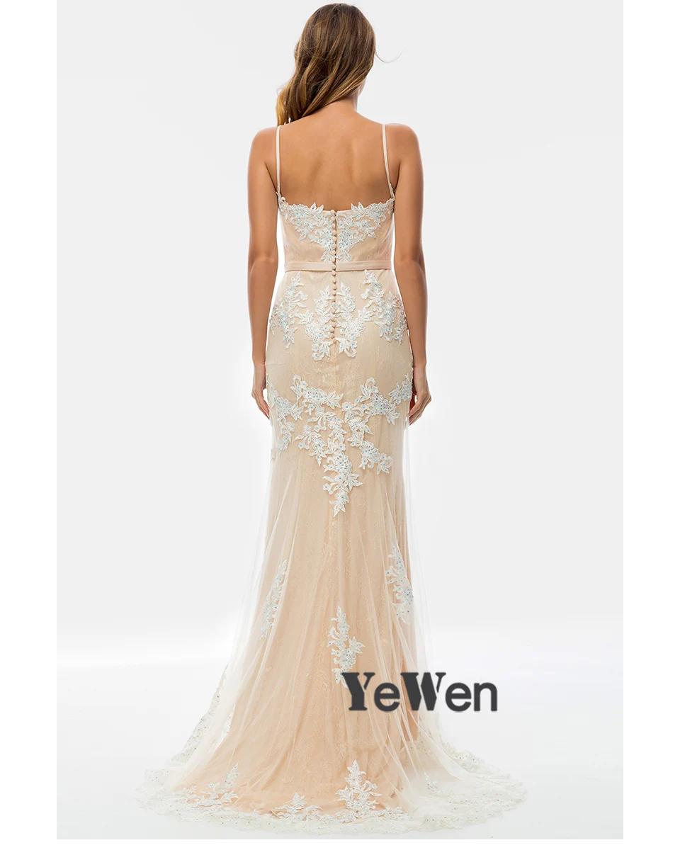 Yewen Длинные вечерние платья цвета шампанского с бисером вечерние кружевные платья для выпускного вечера женское элегантное платье