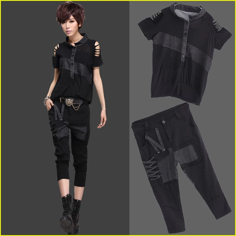 

Brand American Women 2Piece Summer Set 2017 Ladies Fashion Casual Personality Hollow Washed Patchwork Short Sleeve & Pants Set