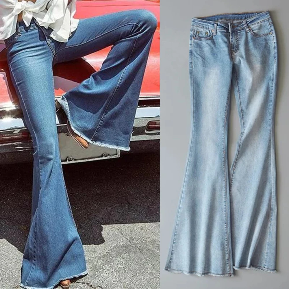 

LASPERAL 2019 New Spring Women Blue Mid Waist Flare Bell Bottoms Ladies Sexy Stretching Jeans Fashion Wide Leg Denim Trousers