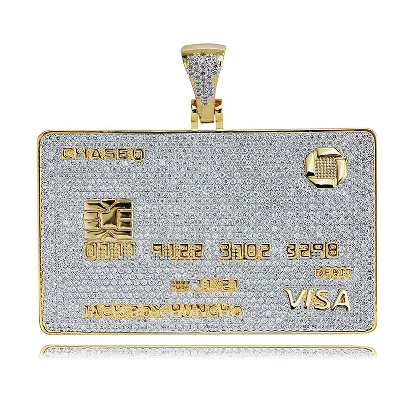 Full Iced Out Credit Card Pendant Necklace Mens Gold Silver Color