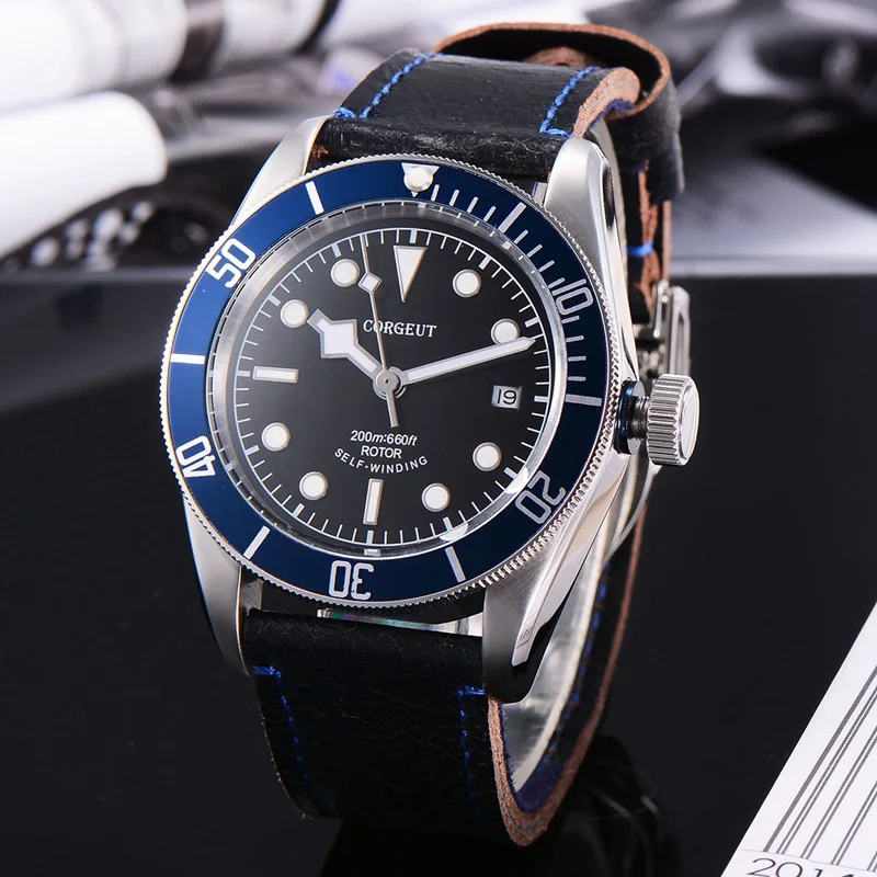 

Corgeut 41mm Mens Automatic Watch, Blue Dial Rotatable Bezel Sapphire Glass Leather Strap Miyota 8215 Movement CA2010SLW
