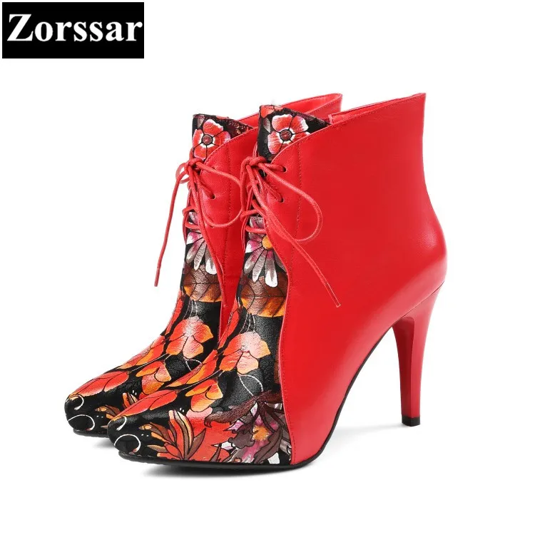 

{Zorssar} 2017 winter ladies shoes pointed Toe thin heels platform ankle boots Fashion print High heels womens equestrian boots