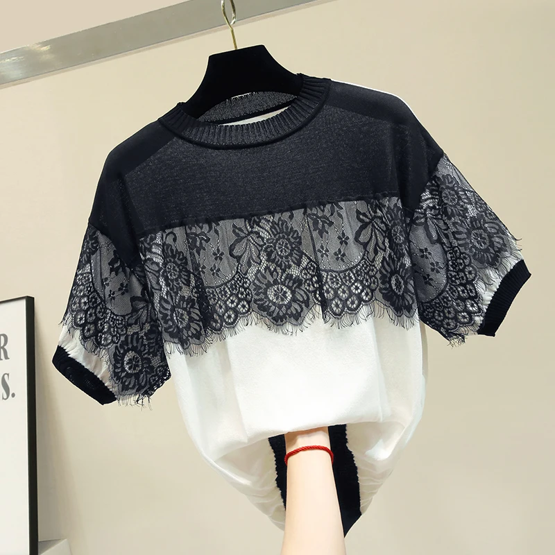 

New Summer Fashion Patchwork Lace White Knitted Top Loose O Neck Pullovers Top Short Sleeve Women T-shirts Knitting