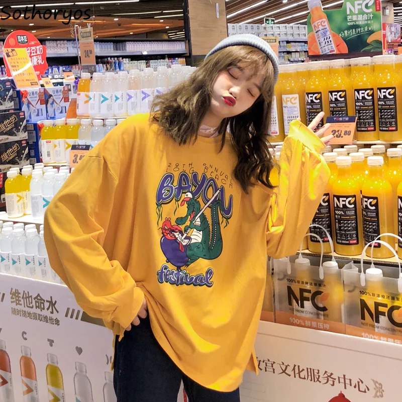 T-shirts Women Oversize Cartoon Printed Kawaii O-Neck Leisure All-match T-shirt Womens Long Sleeve Letter Korean Tees Lovely