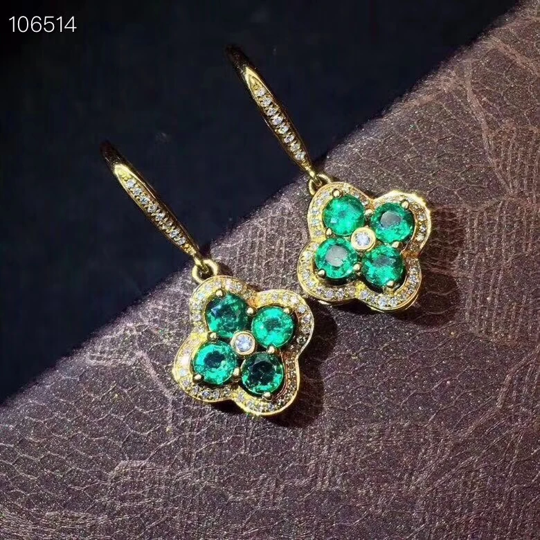 Серьги-капли с натуральным зеленым изумрудом из серебра 925 пробы, серьги-капли с натуральным драгоценным камнем, Модные женские вечерние ювелирные изделия с цветком клевера