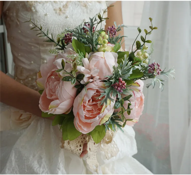 Flone European Artificial Peony Berry Flower Bouquet Bride Holding Flowers Fake Silk Flowers Home Party Decor Flower Arrangement (10)