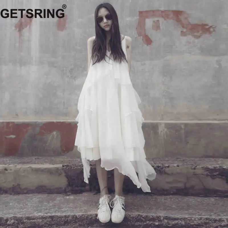 Женское платье на бретельках GETSRING винтажное из шифона белого цвета 2017|sling dress|women