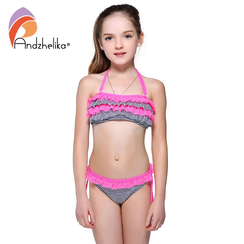 Andzhelika Bikini Girls Swimsuit Children Summer Beach Swimwear Striped Lace Bodysuit Kids Swimming Suit Bathing Suit AK1651 new striped kids girls two pieces halter swimsuit tankinis swimwear bathing suit swimwear girls kids beach wear teenager child