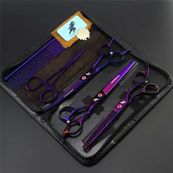

7.0 inch Professional Pet Scissors Dog Grooming Scissors Set Cutting & Curved & Shark Thinning Shears With Hemostat Comb Bag