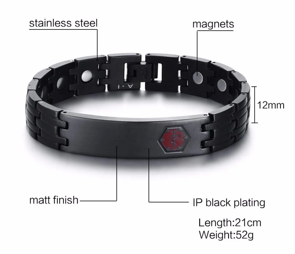Мужские браслеты из нержавеющей стали с бесплатной гравировкой, медицинские браслеты с магнитной терапией для снятия боли в черном цвете