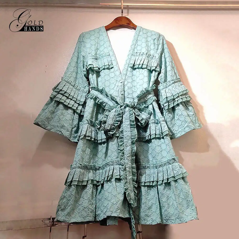 

Gold Hands Cotton Hollow Out Women's Green Dress Summer V-neck Ruffles Half Flare Sleeve A-line Dresses with Bow Belt Streetwear