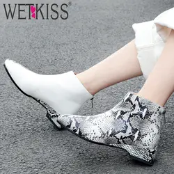 WETKISS/кожаные сапоги со змеиным узором женские ботинки на низком каблуке обувь с квадратным носком женская повседневная обувь женская обувь