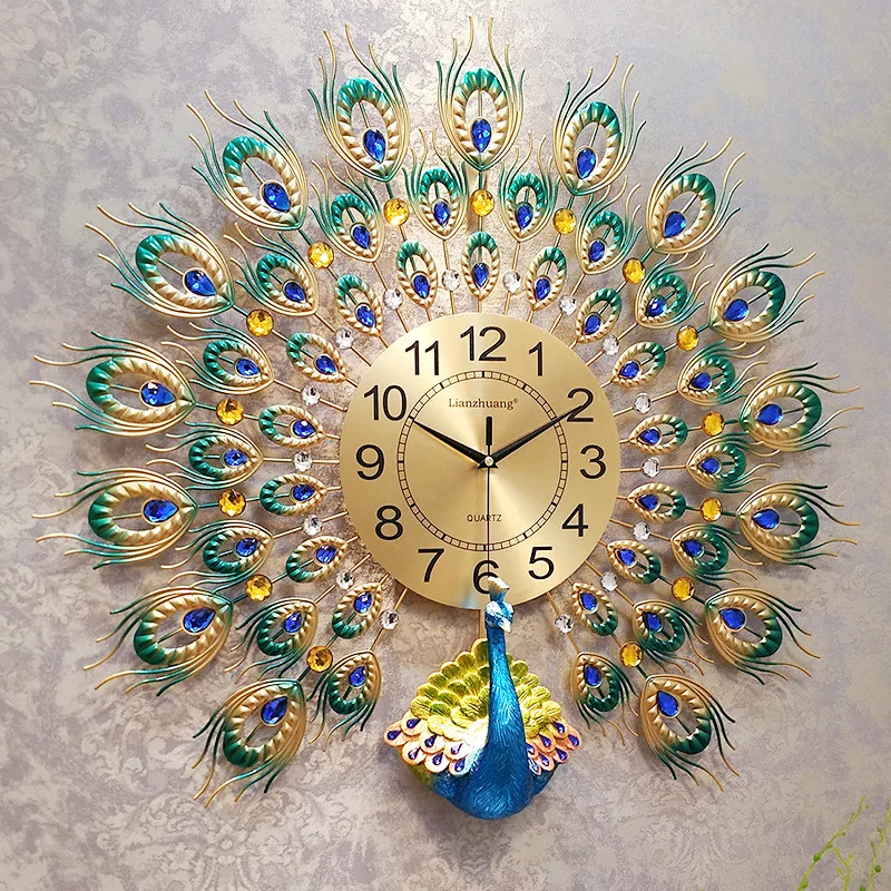 Reloj de pared grande de cristal de pavo real Reloj de pared de diseño moderno reloj de pared de lujo decoración de sala de estar de Casa de cuarzo silencioso duvar saati Reloj de pared grande de cristal de pavo real Reloj de pared de diseño moderno reloj de pared de lujo decoración de sala de estar de Casa de cuarzo silencioso duvar saati