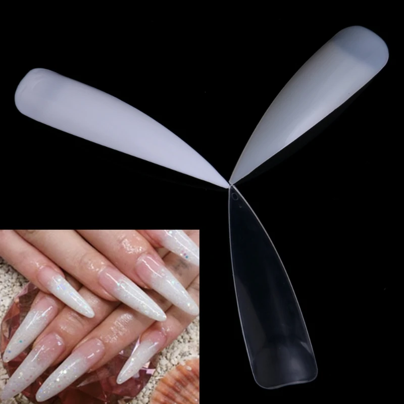 

10Pcs Long Sharp False Nail Art Tips Acrylic Salon - White Clear Natural