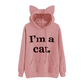 

Letter Print Cat Ear Hoodie Regular Full Sleeve Sweet Hooded Pullover Autumn Women Girl Sweatshirt Plus Size