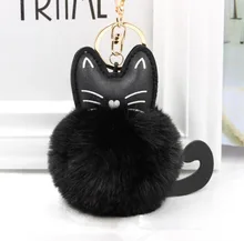 Llavero para coche QiYuFang conejo piel bola llavero negro gato cabeza muñeca llavero Animal pompón colgante joyería nieve piel llave titular de la(China)
