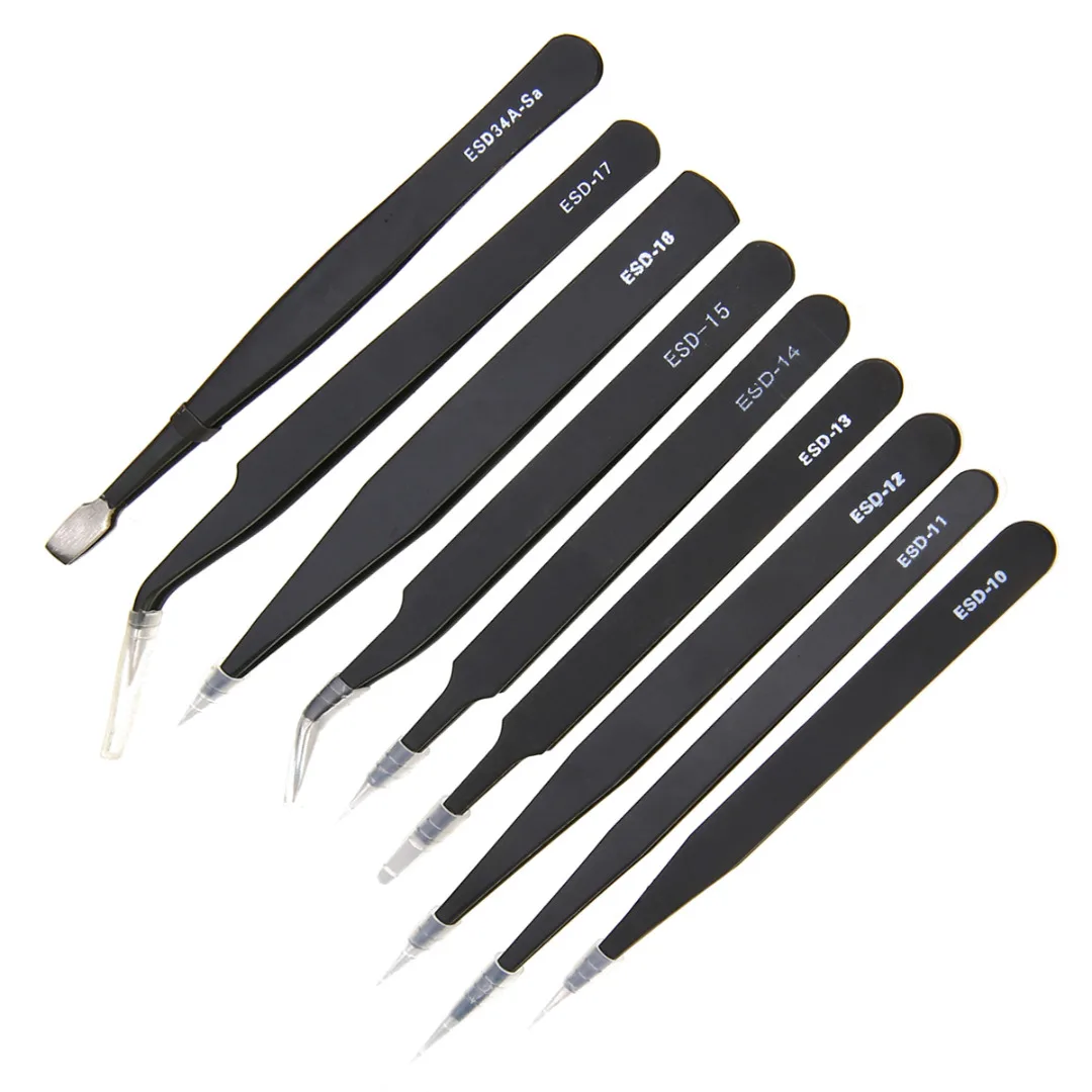

9Pcs/Set High Precision Tweezers Anti Static Stainless Steel Tweezers Set for Electronic Repairing Tool Kit + Portable Bag