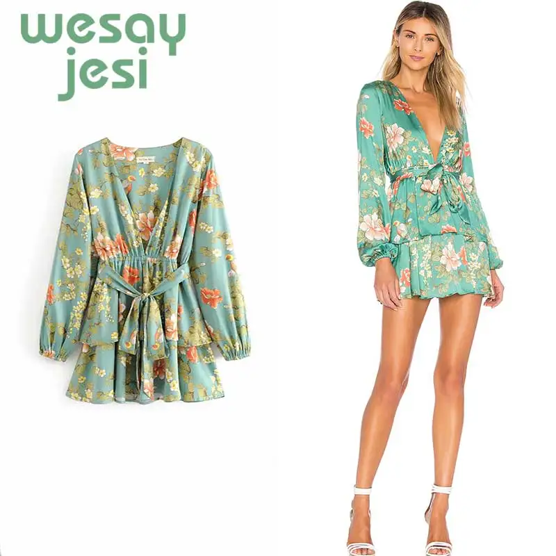 

Dress Women 2019 fashion Elegant floral print Dress Stylish long sleeve v-neck mini sexy sweet summer vestidos