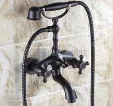 Black Oil Rubbed Brass Bathroom Shower Taps Dual Handle Bathtub Faucet Set with Wall Mounted Ceramic Handheld Shower ltf701