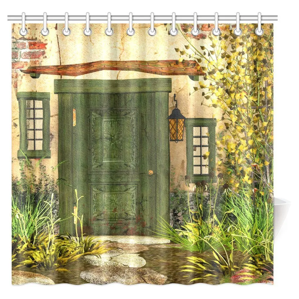 Aplysia Rustic Shower Curtain Cottage Door Overgrown Bushes Grass Tree
