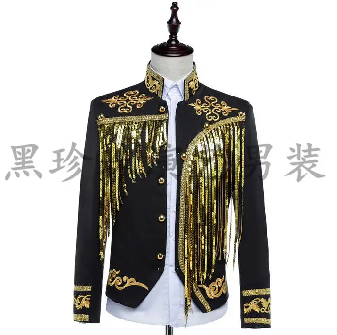 

Paillette Tassel Men Suits Designs Masculino Homme Terno Stage Costumes For Singers Men Sequin Blazer Dance Clothes Jacket Black