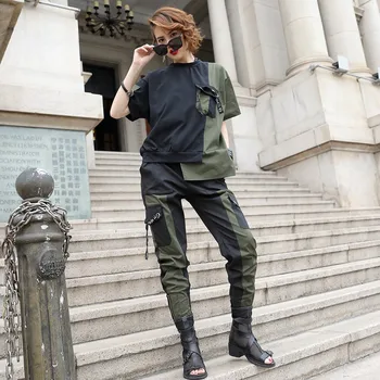 

Summer Top Quality Patchwork Ensemble Femme 2 Pieces Pantalon Short Top Asymmetrical Full Length Harem Pants Loose Women Sets