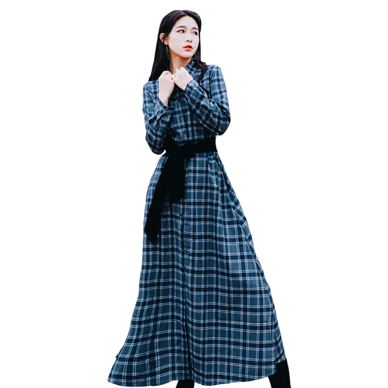 Новинка осени, vestido, женские платья, Ретро стиль, пояс, шнуровка, клетчатое длинное платье