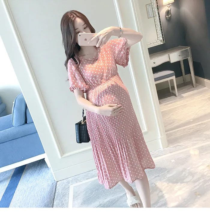 SLYXSH, плиссированное шифоновое платье миди для беременных женщин, летняя одежда в розовый горошек для беременных, свободные платья размера плюс для беременных