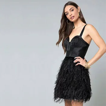 

2018 New Style Feathers Bodyocn Bandage Dress Sexy Strapless Spaghetti Strap Black White Women Evening Party Dresses Vestidos