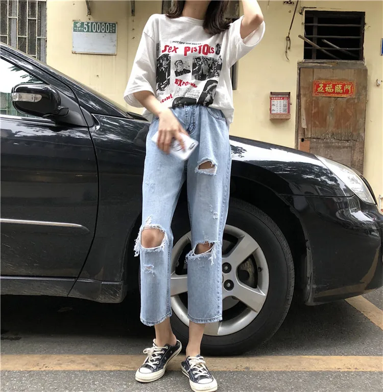 HziriP Thin High Waist Hole Autumn Women Casual High Quality Loose Jeans Female Light Washed Fresh Denim All Match Pants