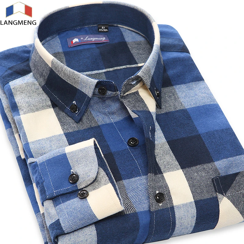 Langmeng 2016 mens spring autumn male casual shirt men long sleeve flannel plaid dress shirt 100% Cotton shirts camisa masculina