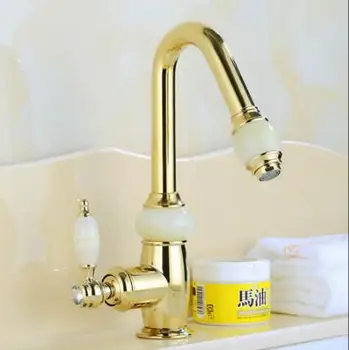 

Euro Gold plating Pull out Basin Sink Faucet Luxury Pull Out Bathroom Basin Faucet Brass and Jade Vanity Sink Mixer water Tap