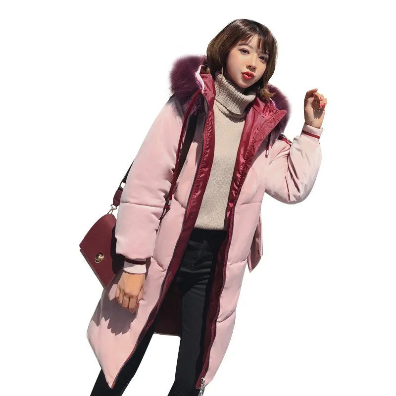 

New Autumn Winter Parkas Long Gold Velvet Cotton Coat Women Loose Hooded Large Fur Collar Bread Coat Plus Size Outwear Females