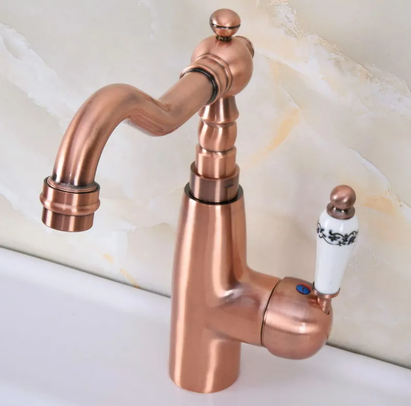 

Antique Red Copper Brass Single Ceramic Handle Bathroom Kitchen Basin Sink Faucet Mixer Tap Swivel Spout Deck Mounted mnf629
