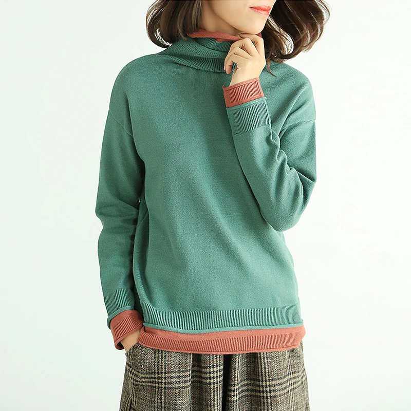 Ретро хит цвет пэчворк поддельные две части пуловер свитер женский