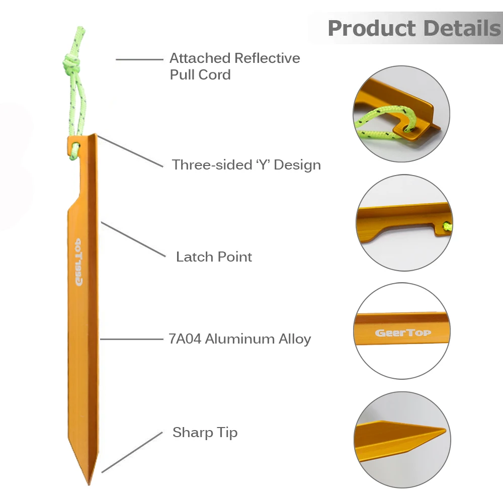 GeerTop прочные алюминиевые палатки колышки для палатки сверхлегкие сверхпрочные 15 см со светоотражающим шнуром для кемпинга пляжные палатки для парусины и брезента