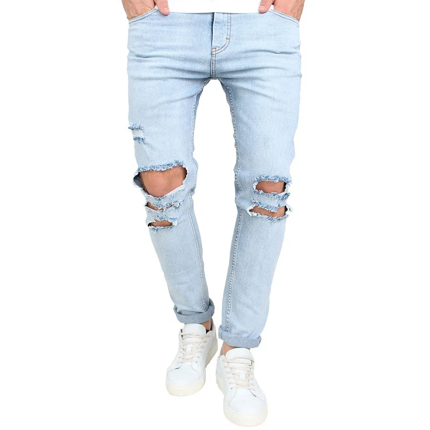 Мужские рваные Slim Fit прямые джинсовые мотоциклетные с дырками Younger-Looking брюки